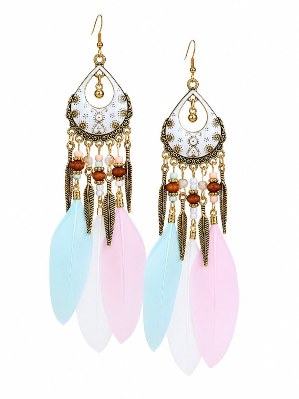 🆕 Boho Gold Tone Long Pastel Feather Dangle Earrings Statement Jewelry NWOT
